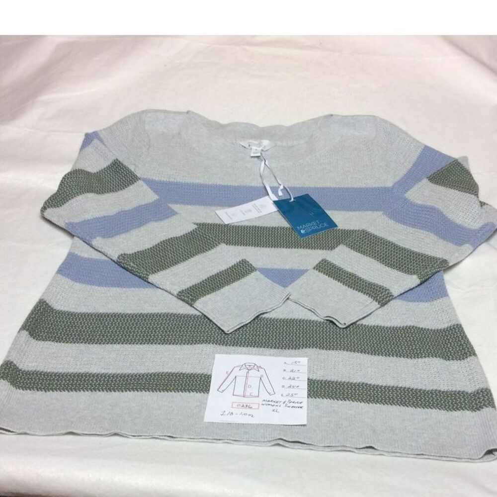 Market & Spruce Striped Knit Sweater Casual‎ Pullover Light Gray Blue Green XL